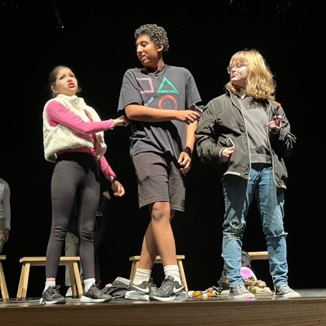 The Diamonds in the Rough, Makayla Pacheco, Shaun Worth, and Kinsey Hinchliffe, reveal their shocking plot twist during their scene at Sierra Vistas Comedy Night on January 12, 2023.