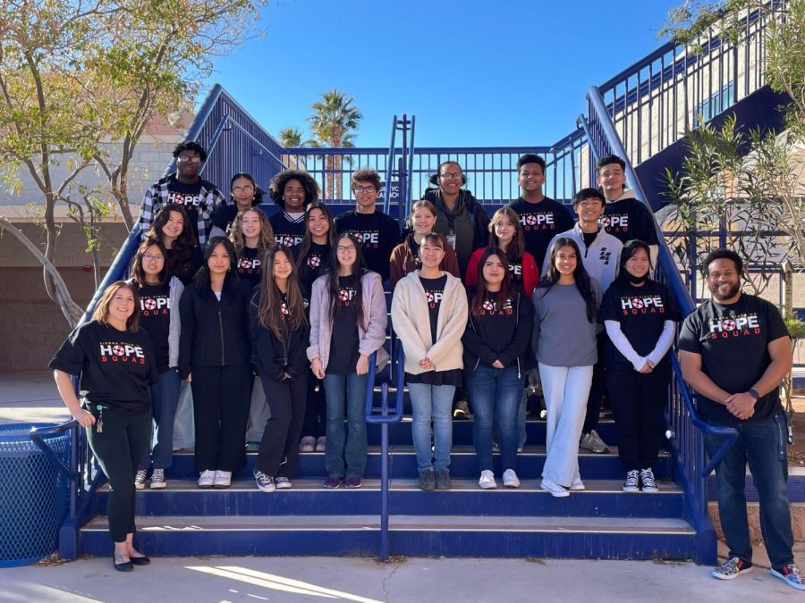 The HOPE Squad is a peer-to-peer suicide prevention program, composed of students and staff dedicated to decreasing teen suicide and increasing mental health activism. The members of the Sierra Vista High School HOPE Squad wear their signature HOPE Squad shirts every Thursday. (Photo Credit: Shayna Segal)
