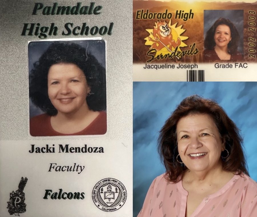 Ms. Jacqueline Joseph in her school IDs and yearbook photos from the first high school she taught at, Palmdale in California (left), the second from Eldorado (top right), and her last from Sierra Vista (bottom right).