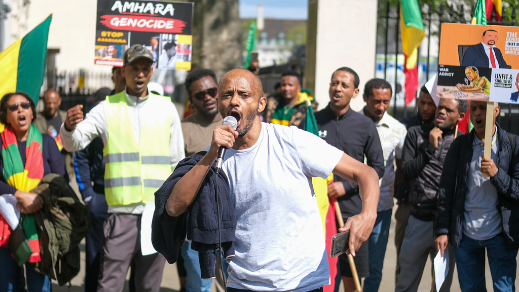 An Amhara protest that took place on May 30, 2023, in London, denouncing the Abiy-led regime and their crimes against humanity.