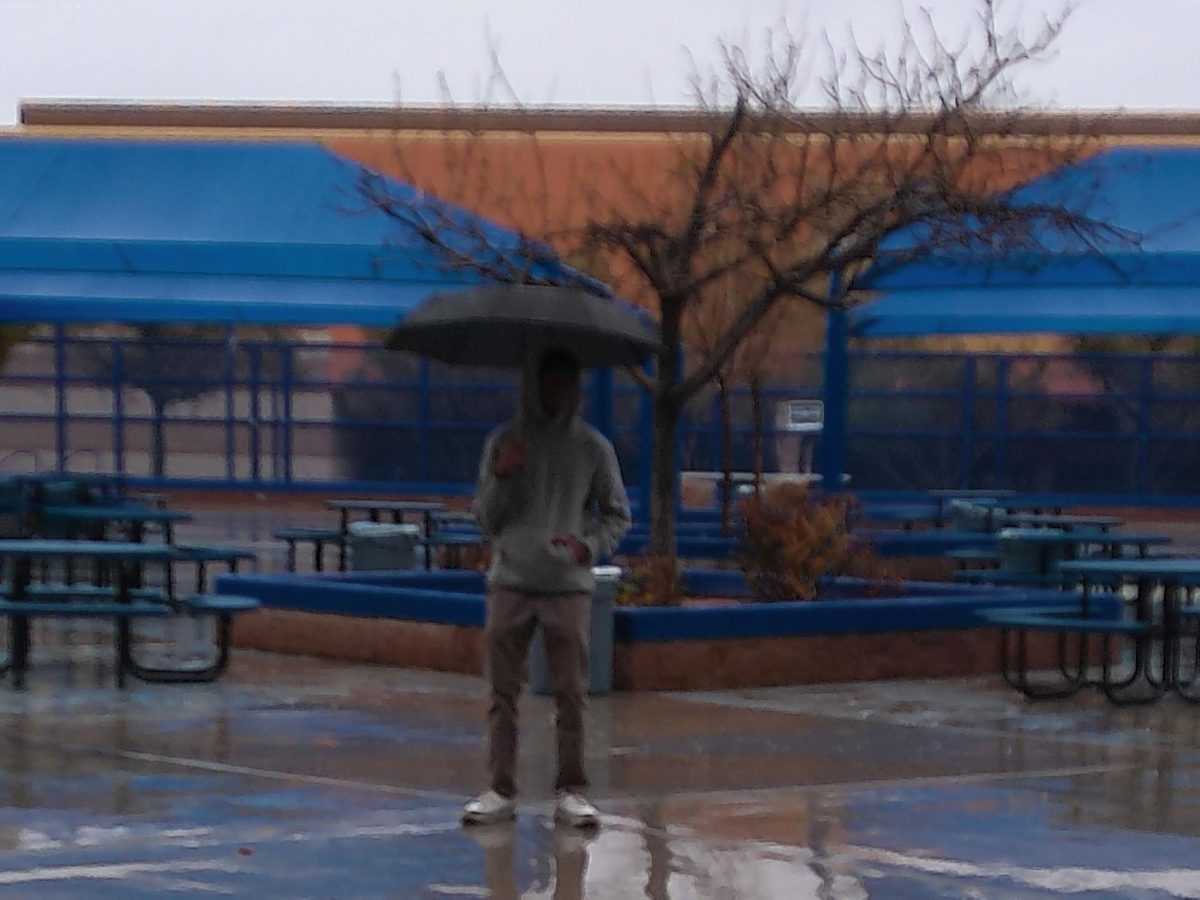 Photography Club President Sachira Dasanayake (12) stands in the quad of Sierra Vista High School to express artistic creativity by capturing raindrops. The photo was taken by Vincent Stiles (11) on February 1st.