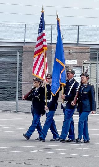 From left to right: Cadet Jean Kim (12), Cadet Logan Winkler (9), Cadet Jaydin Morell (10), and Kaylyn Vigurs (11) maintain their professional bearing during the Valley High School Color Guard Competition to lead Sierra Vista High School to another win.