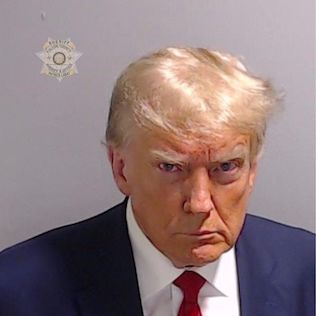 Donald Trumps mug shot, taken on August 24, 2023, during his arraignment in Fulton County, Georgia. 