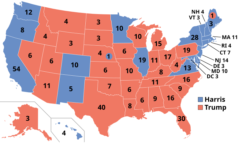 The map depicts the electoral college results from the 2024 presidential election.
Photo credits to Wikimedia