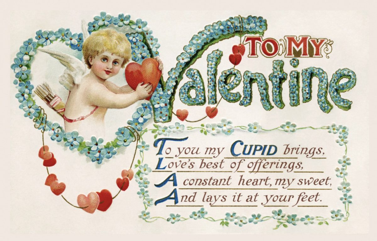 A vintage Valentines card centered around love not physical gifts. https://www.publicdomainpictures.net/en/view-image.php?image=431070&picture=postcard-valentines-day-vintage