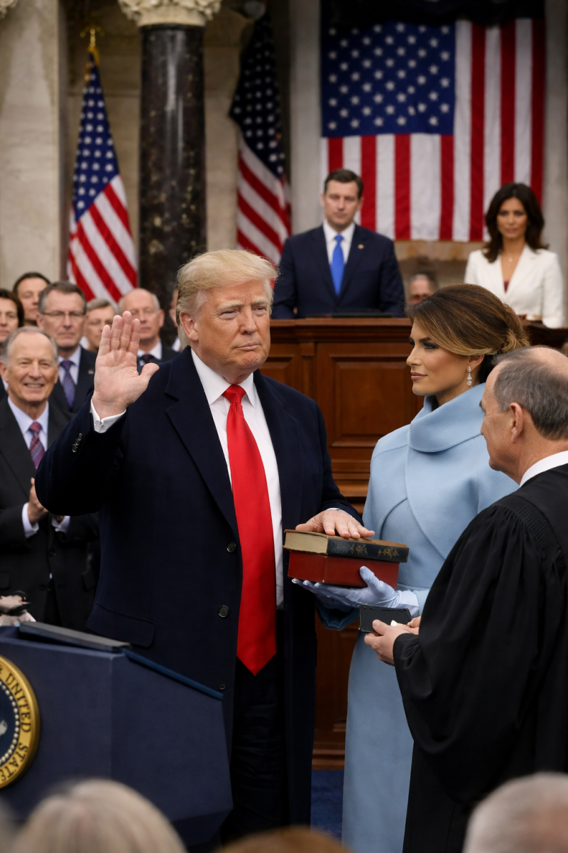 
President Donald Trump raises his right hand as he takes the oath of office during his inauguration inside the Capitol in Washington, D.C. Crowds gather while Chief Justice John Roberts administers the oath, officially beginning Trump’s presidency. Student generated image via AI.