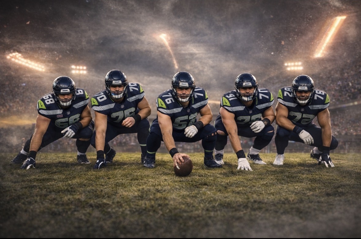An on-field view of the Seattle Seahawks line up with determination to kick off the most important game of their season, the Superbowl LX Finals, against the New England Patriots. Image student-generated via AI.
