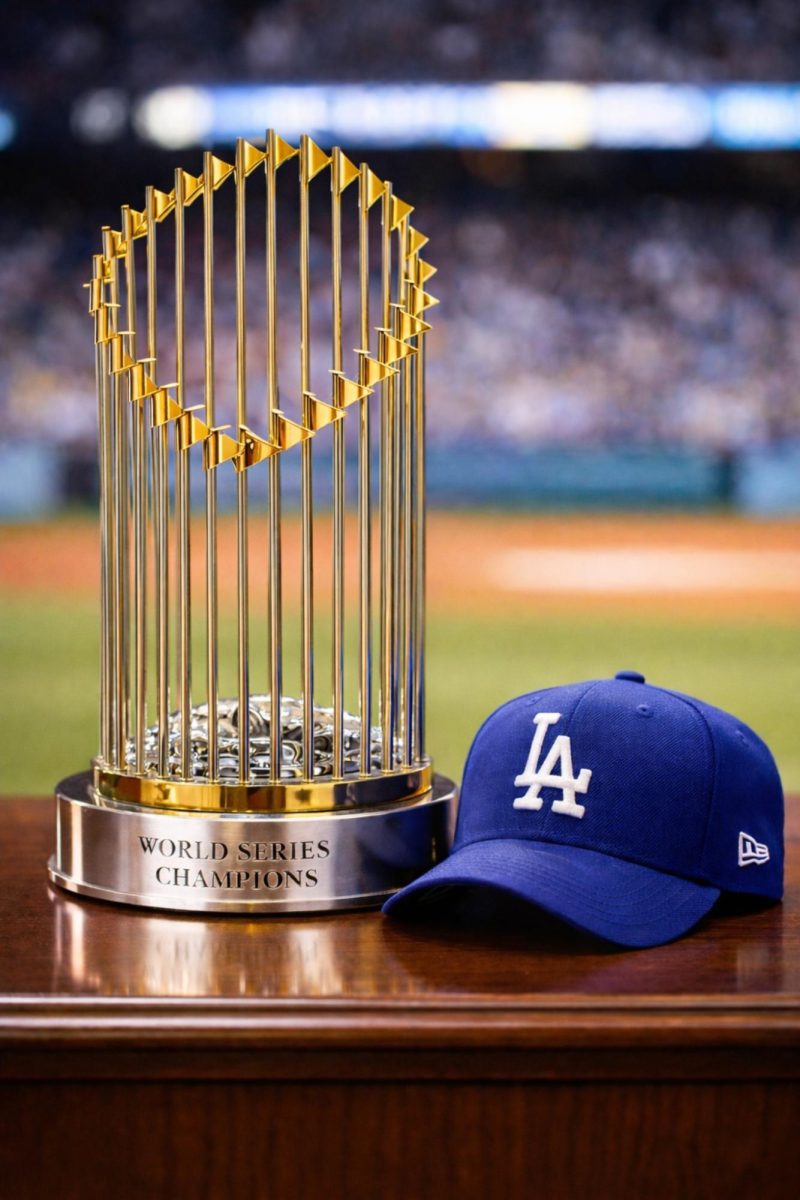 History made, legacy kept. A dodgers cap sits next to the World Series trophy. This image was AI generated.