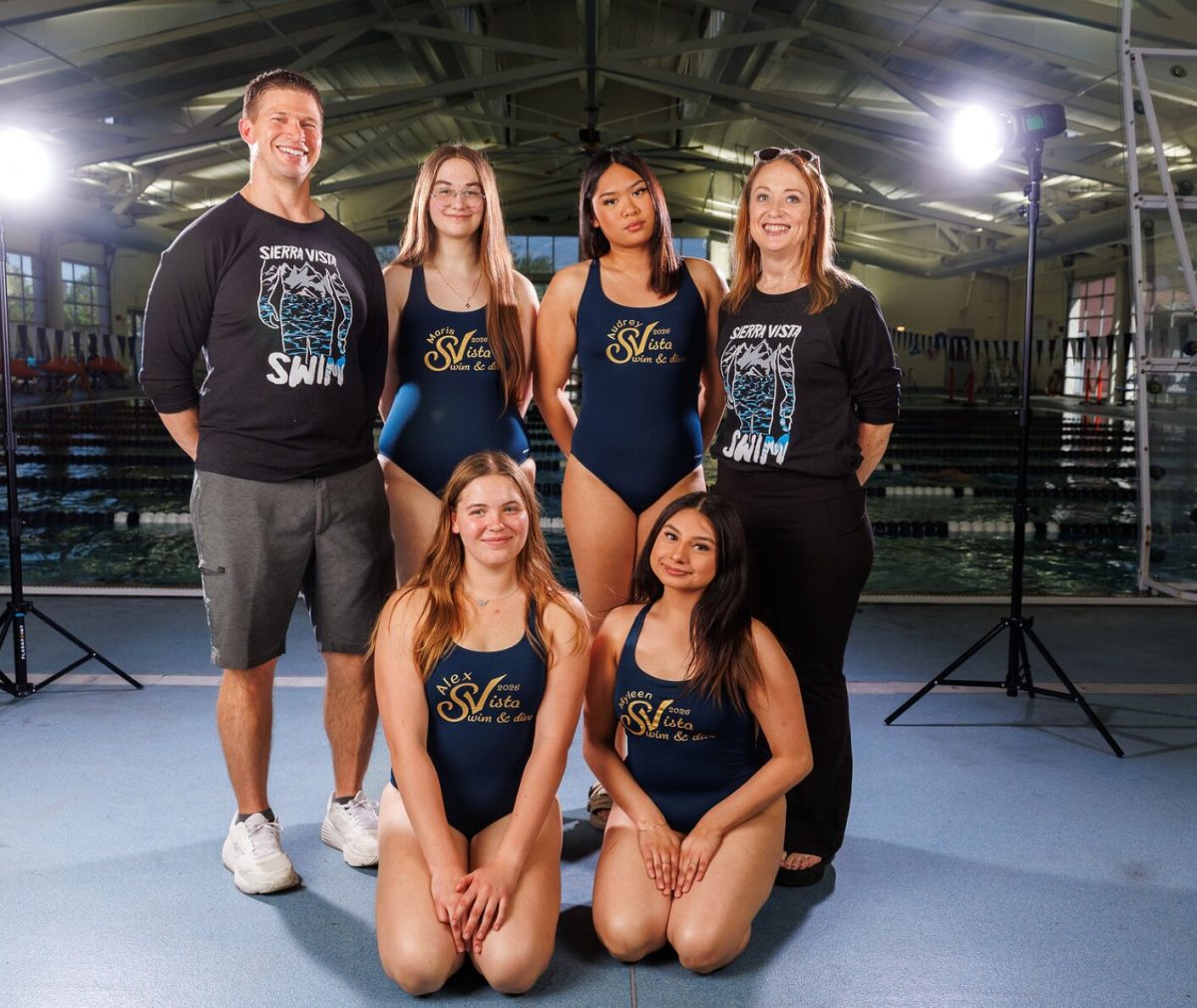 Senior girls, such as Maris Weigel (12), Audrey Santos (12), Alexandra Czerwinski (12), and Myleen Gomez (12) from the Sierra Vista Swim Team celebrating their final year of swimming with suits designed for them.